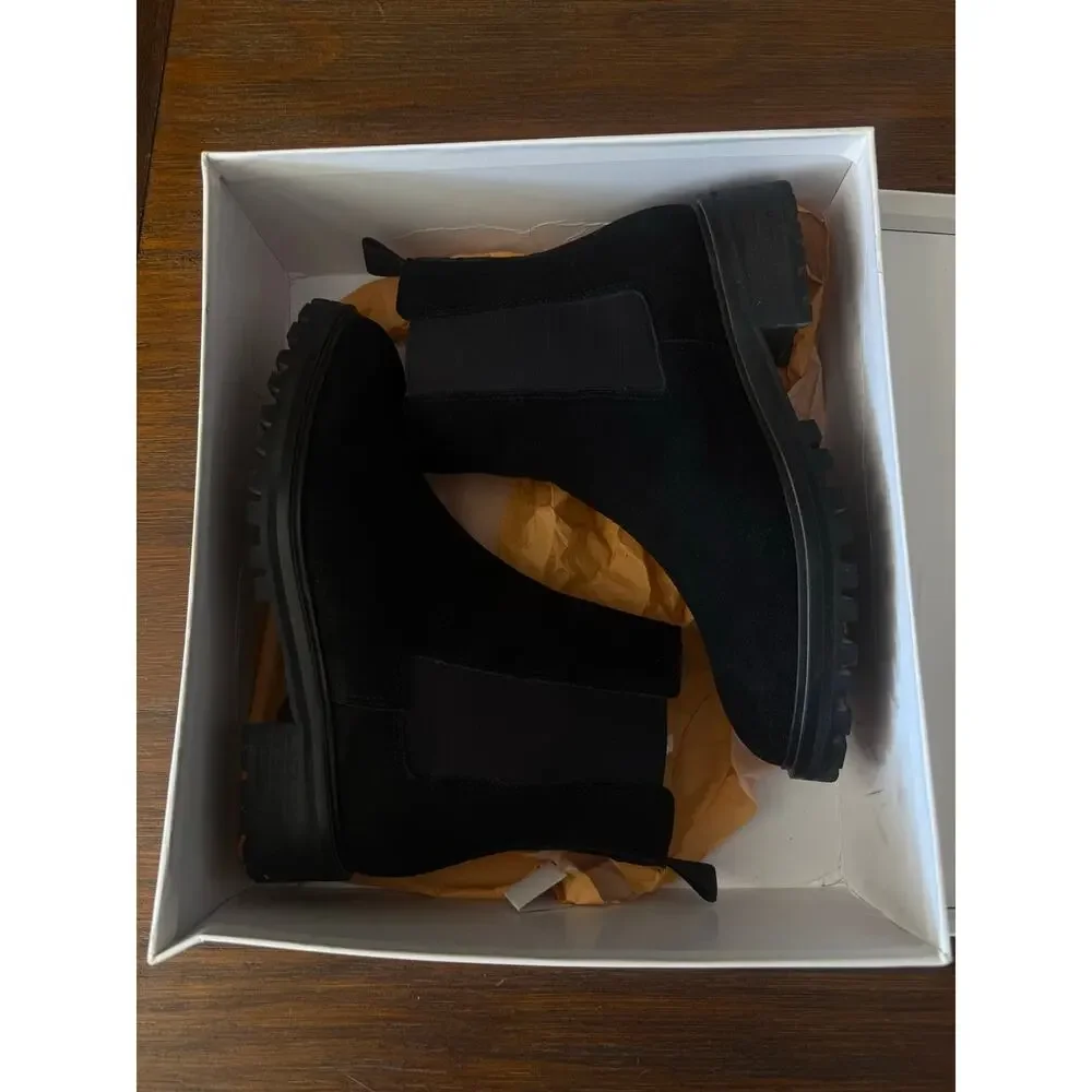 Quince Black Suede Leather Chelsea Ankle Boots Lug Sole Pointed Toe Classic 8